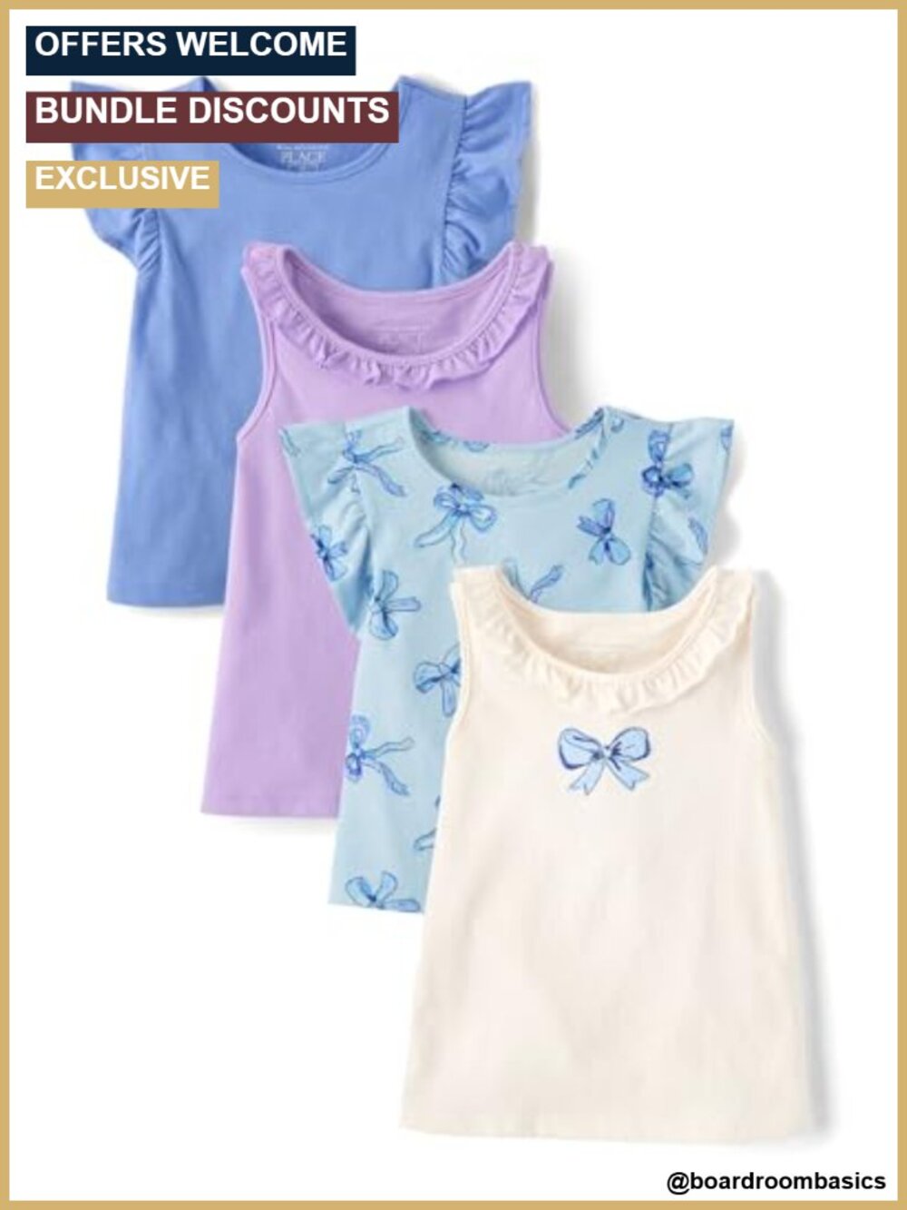 Girls Toddler Tank Tops 4-Pack Cotton Blend Flutter Sleeve Crew Neck